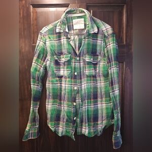 Aeropostale Green and Blue Plaid Flannel Button Down Shirt